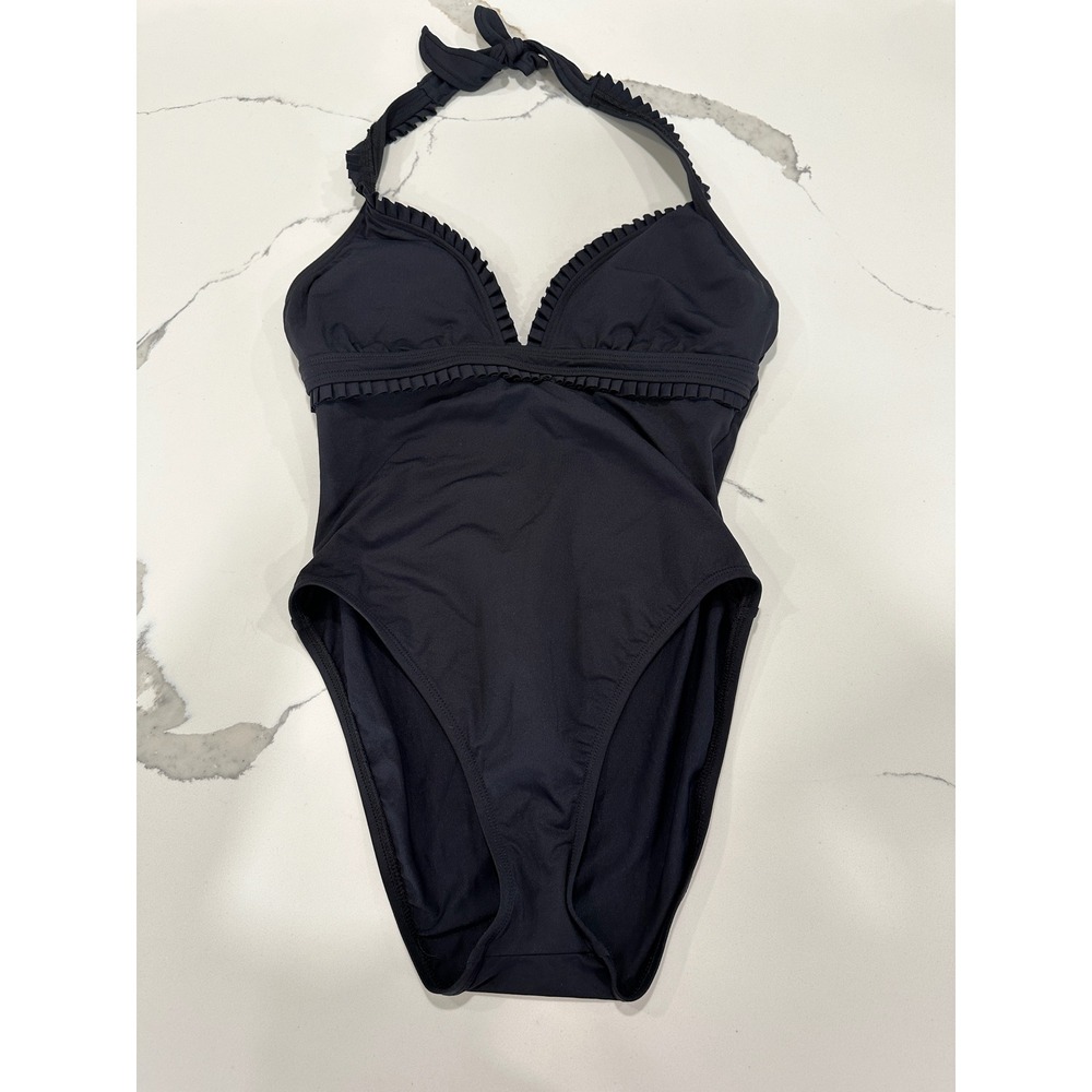 Black Ruffle Halter One Piece Swimsuit Size 12 Womens